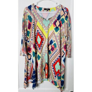 Lior Paris Pullover Blouse L Ikat Art Handkerchief Hem Stretch 3/4 Sleeve Boho